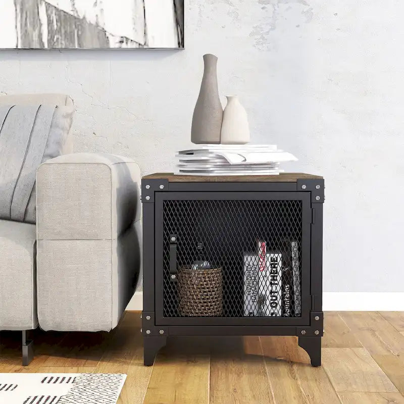 Ensemble table basse et table d'appoint 2 pièces noyer foncé et noir sable avec rangement