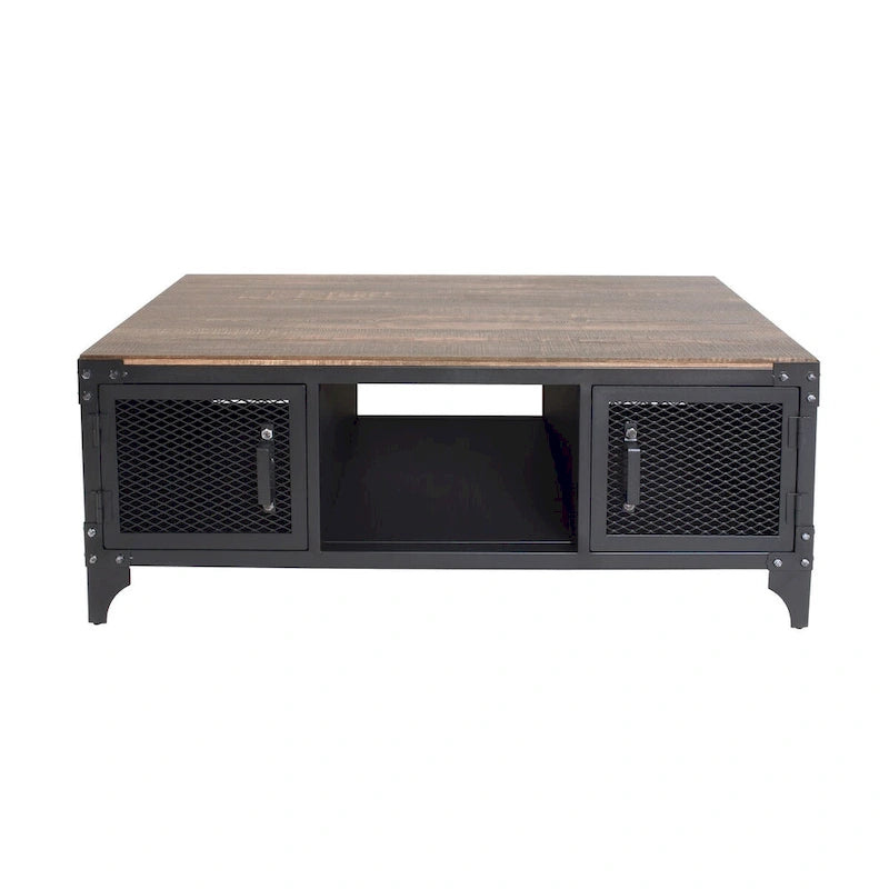 Ensemble table basse et table d'appoint 2 pièces noyer foncé et noir sable avec rangement