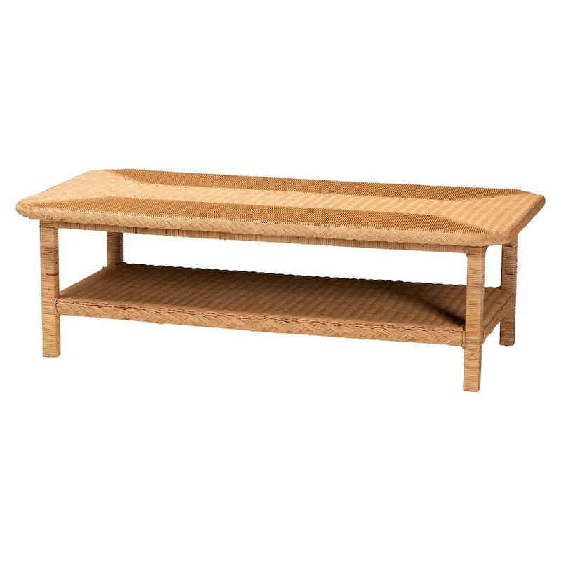 Table basse en rotin et bois, miel, rectangulaire, 1 personne