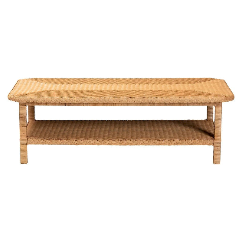 Table basse en rotin et bois, miel, rectangulaire, 1 personne