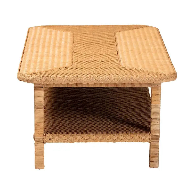 Table basse en rotin et bois, miel, rectangulaire, 1 personne