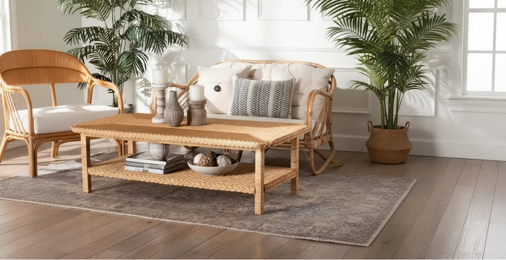 Table basse en rotin et bois, miel, rectangulaire, 1 personne