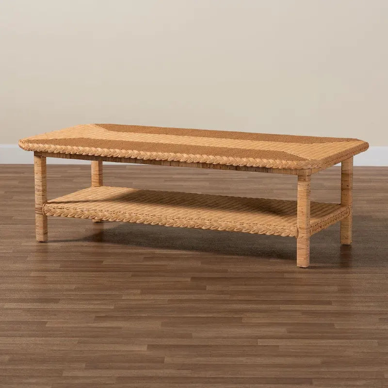 Table basse en rotin et bois, miel, rectangulaire, 1 personne