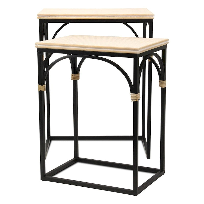 Tables d'appoint en rotin, dessus bois et métal noir, lot de 2