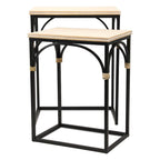 Tables d'appoint en rotin, dessus bois et métal noir, lot de 2