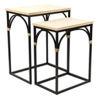 Tables d'appoint en rotin, dessus bois et métal noir, lot de 2