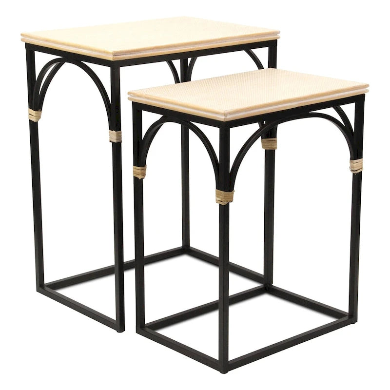 Tables d'appoint en rotin, dessus bois et métal noir, lot de 2