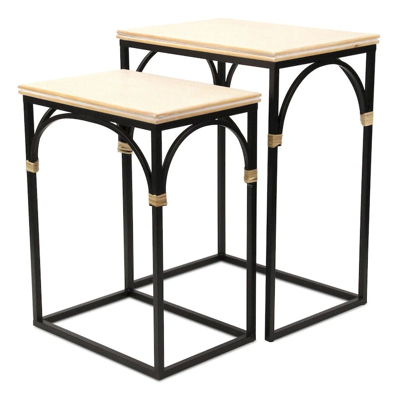 Tables d'appoint en rotin, dessus bois et métal noir, lot de 2