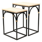 Tables d'appoint en rotin, dessus bois et métal noir, lot de 2