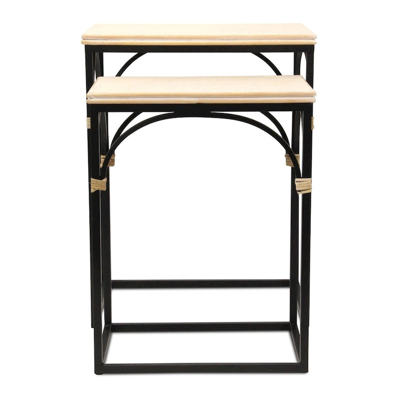 Tables d'appoint en rotin, dessus bois et métal noir, lot de 2