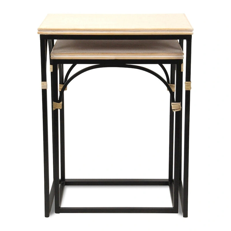 Tables d'appoint en rotin, dessus bois et métal noir, lot de 2