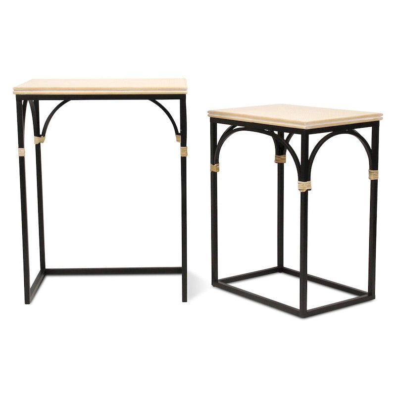 Tables d'appoint en rotin, dessus bois et métal noir, lot de 2