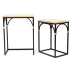 Tables d'appoint en rotin, dessus bois et métal noir, lot de 2