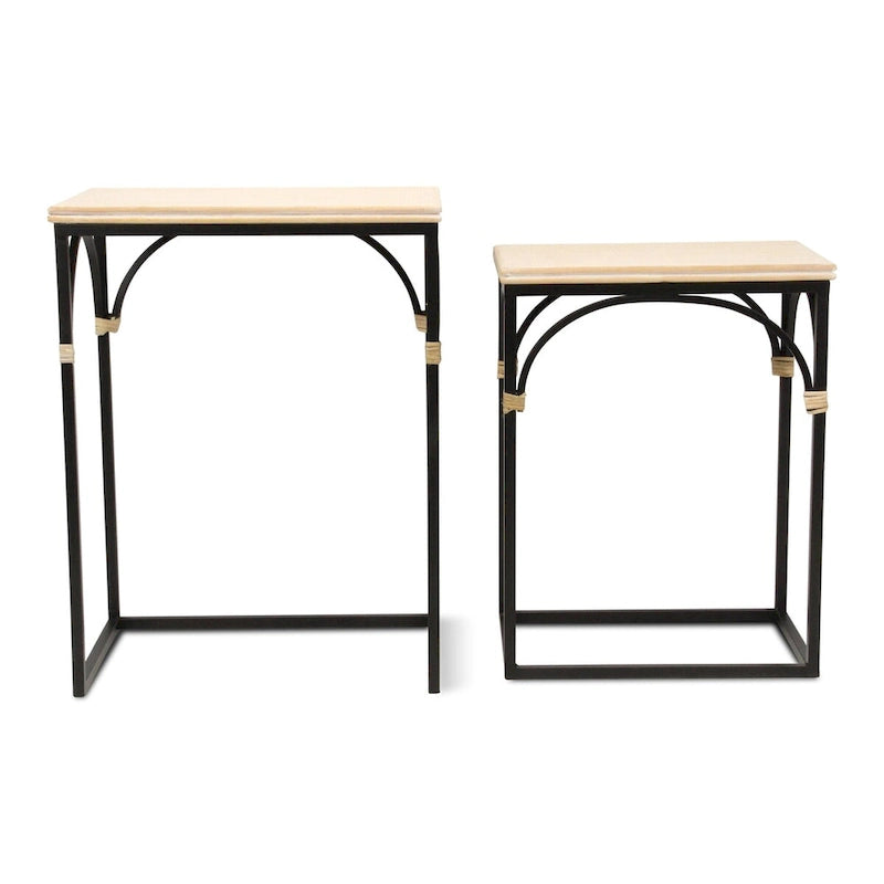 Tables d'appoint en rotin, dessus bois et métal noir, lot de 2