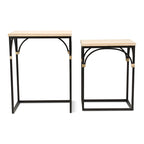 Tables d'appoint en rotin, dessus bois et métal noir, lot de 2