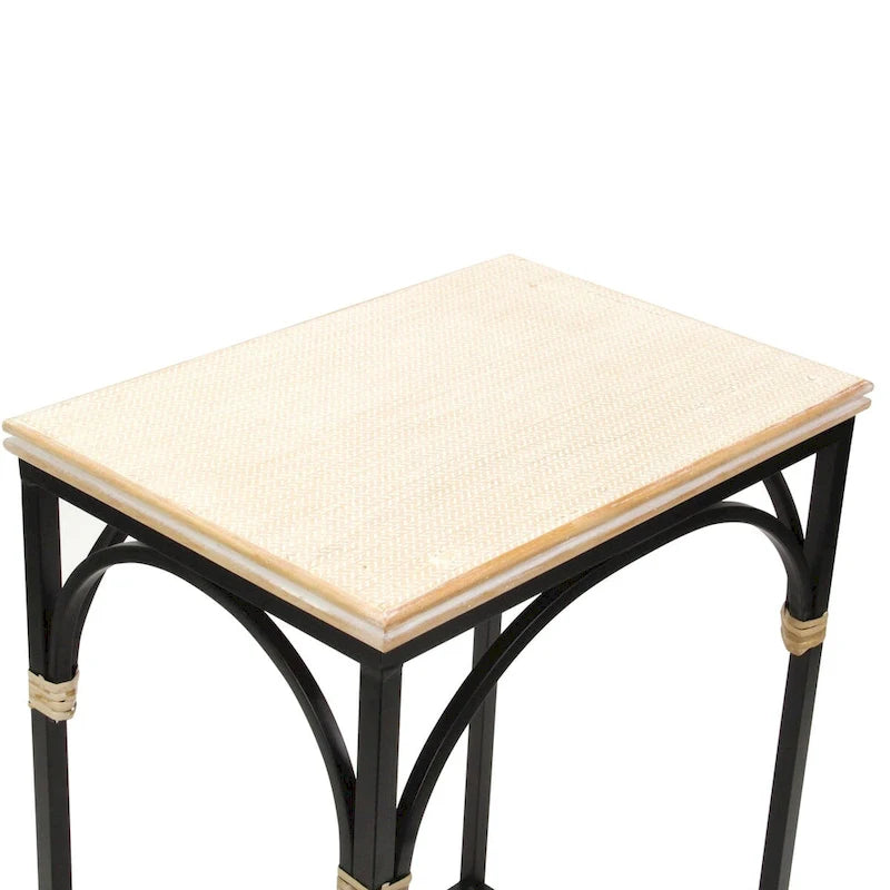 Tables d'appoint en rotin, dessus bois et métal noir, lot de 2