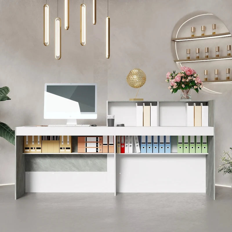 Comptoir d'accueil avec finition en marbre blanc, surface pour ordinateur et 4 étagères, 1 personne
