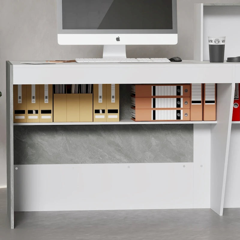Comptoir d'accueil avec finition en marbre blanc, surface pour ordinateur et 4 étagères, 1 personne