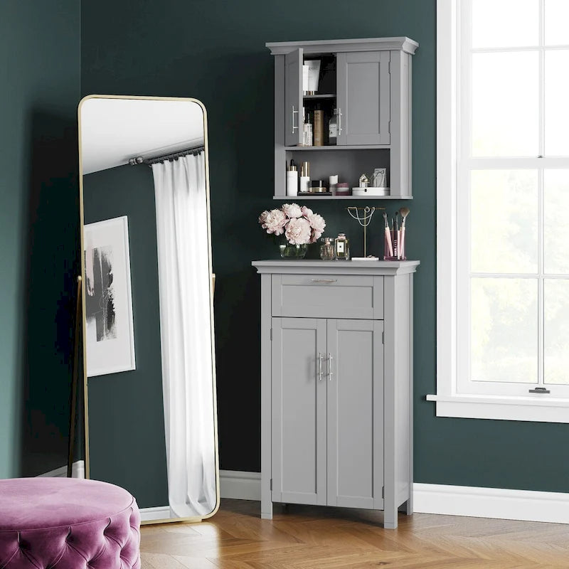 Meuble de rangement gris à 2 portes avec tiroir et étagère réglable, 1 personne