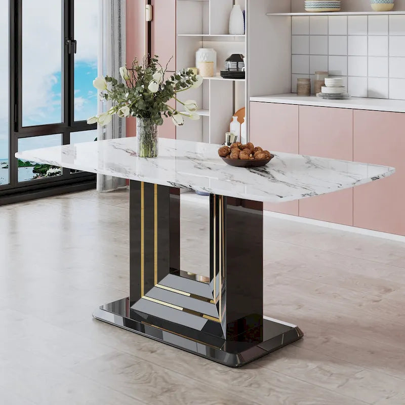 Table à manger motif marbre blanc, pieds en MDF noir avec lignes dorées, 4 à 6 places