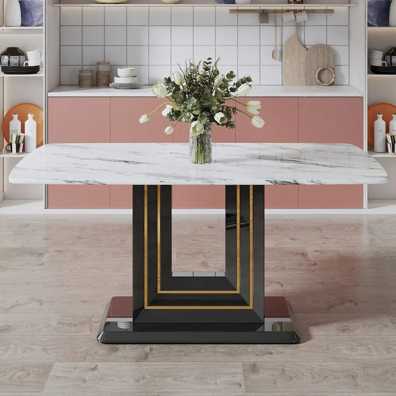 Table à manger motif marbre blanc, pieds en MDF noir avec lignes dorées, 4 à 6 places