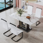 Table à manger motif marbre blanc, pieds en MDF noir avec lignes dorées, 4 à 6 places