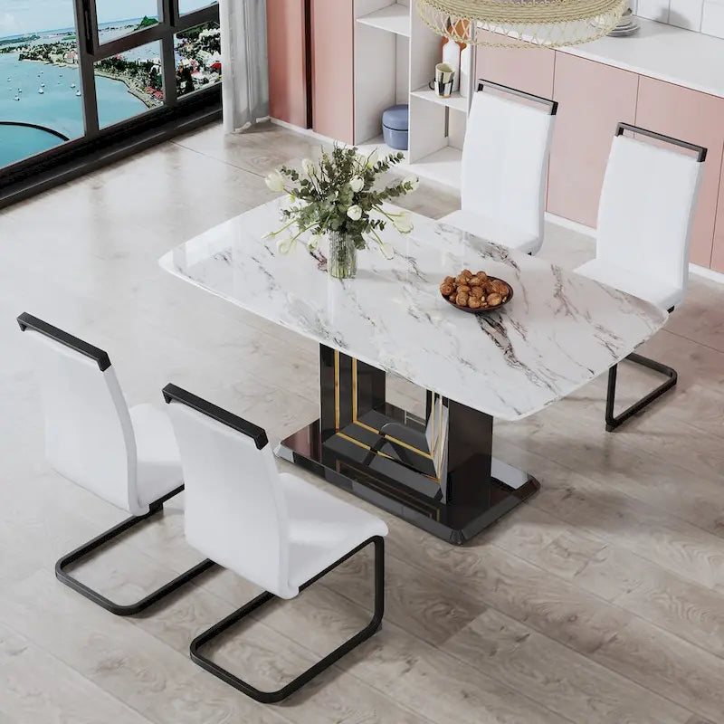 Table à manger motif marbre blanc, pieds en MDF noir avec lignes dorées, 4 à 6 places