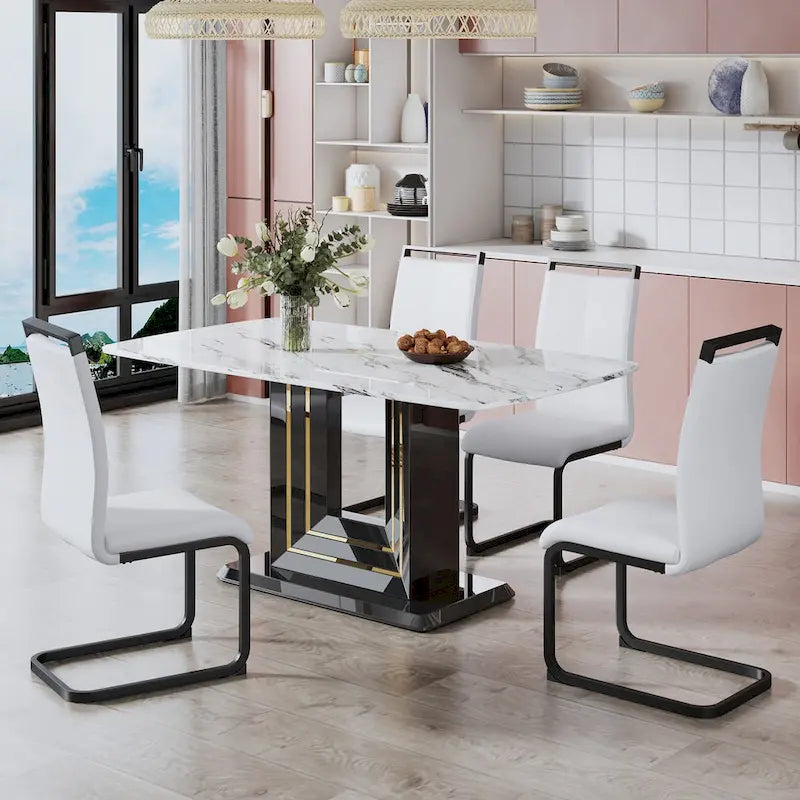 Table à manger motif marbre blanc, pieds en MDF noir avec lignes dorées, 4 à 6 places