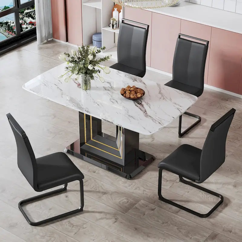 Table à manger motif marbre blanc, pieds en MDF noir avec lignes dorées, 4 à 6 places