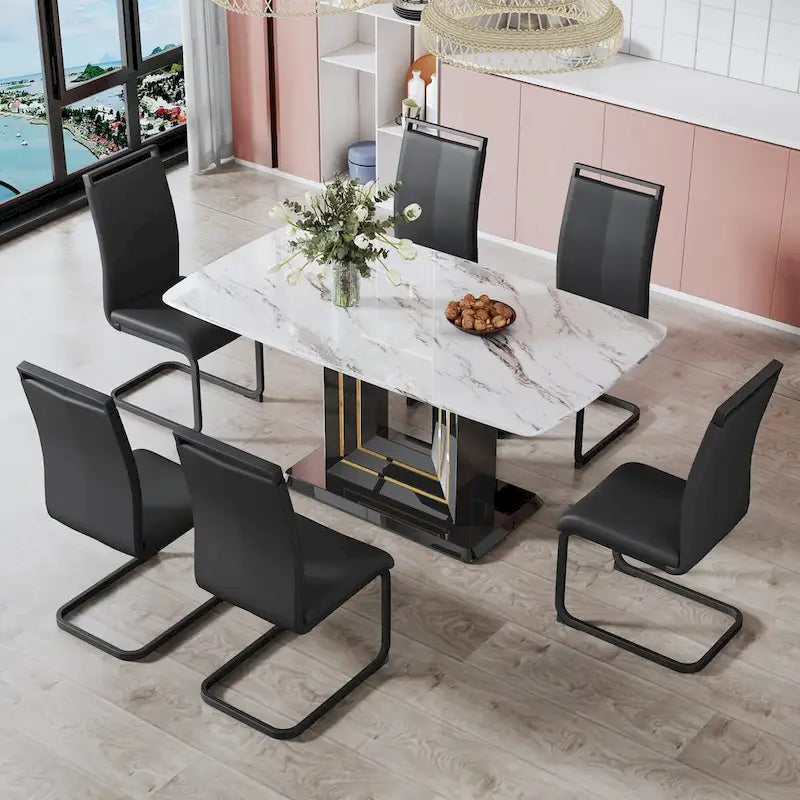 Table à manger motif marbre blanc, pieds en MDF noir avec lignes dorées, 4 à 6 places