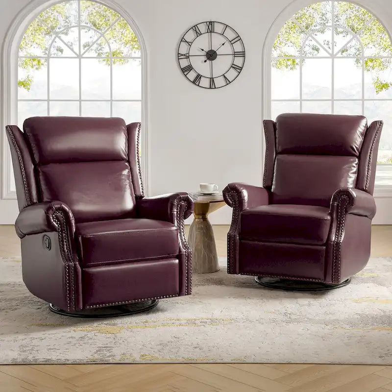 Fauteuil inclinable, pivotant et coulissant traditionnel en cuir véritable, coloris bordeaux/sellier/camel/noir/expresso, lot de 2
