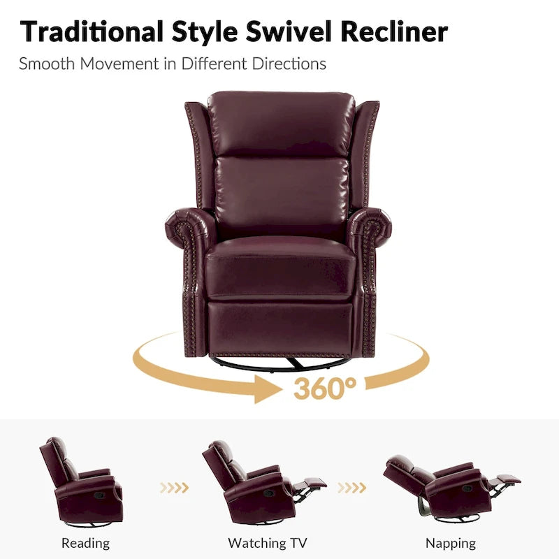 Fauteuil inclinable, pivotant et coulissant traditionnel en cuir véritable, coloris bordeaux/sellier/camel/noir/expresso, lot de 2