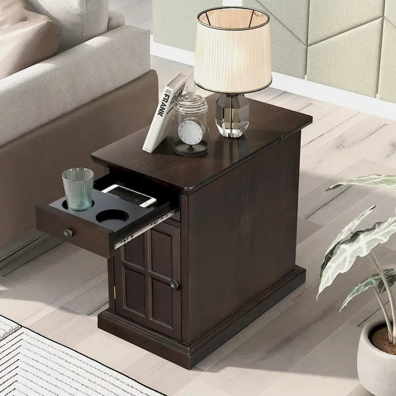 Table d'appoint vintage marron antique/espresso avec port USB et tiroir, 1 personne