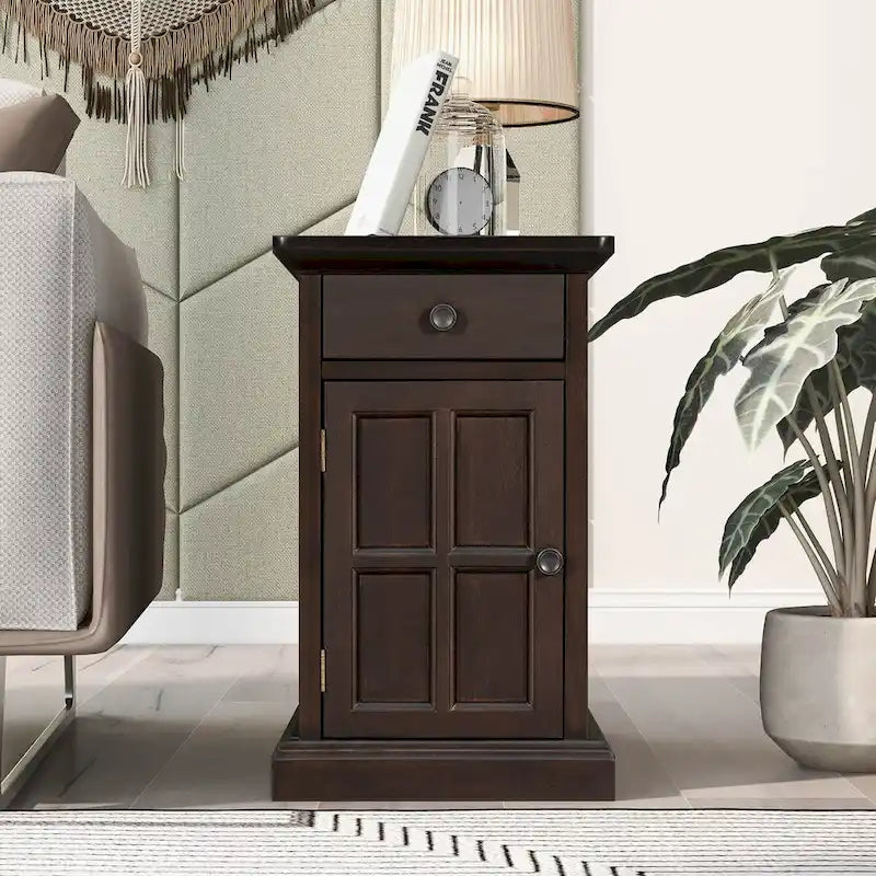 Table d'appoint vintage marron antique/espresso avec port USB et tiroir, 1 personne