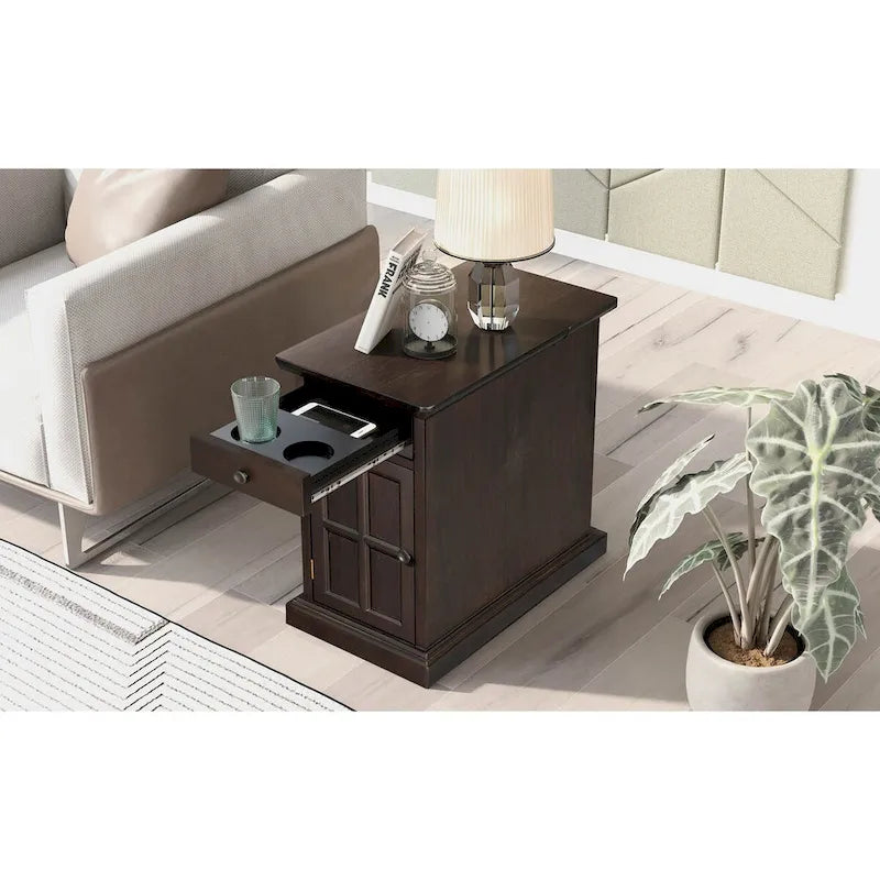 Table d'appoint vintage marron antique/espresso avec port USB et tiroir, 1 personne