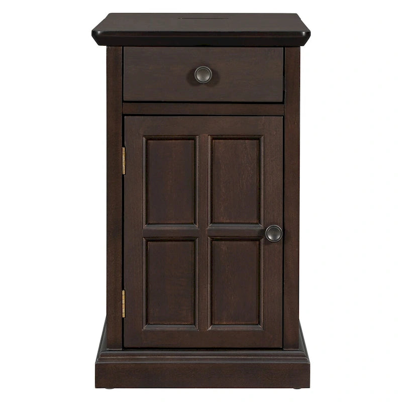 Table d'appoint vintage marron antique/espresso avec port USB et tiroir, 1 personne