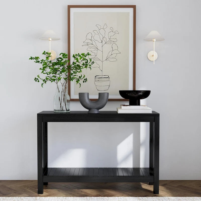 Console en bois massif noir de style transitionnel avec étagère ouverte